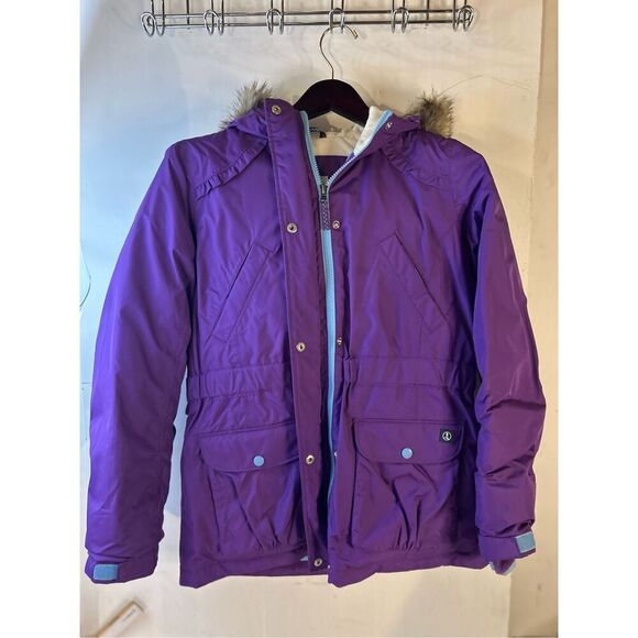 Lands end kids size 16 youth purple down filled puffer faux fur hood - Picture 1 of 9